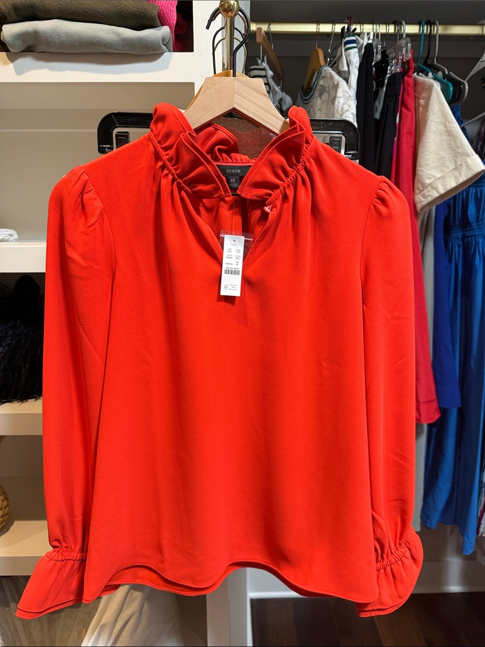 J. Crew Red Ruffle-Neck Long-Sleeve Blouse